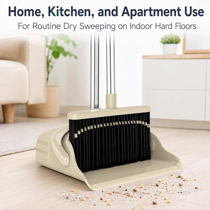 Broom and Dustpan Set, 52-Inch Handle, Comb Teeth, Gray Yellow | Long handle broom set for home, kitchen, apartment andstorage