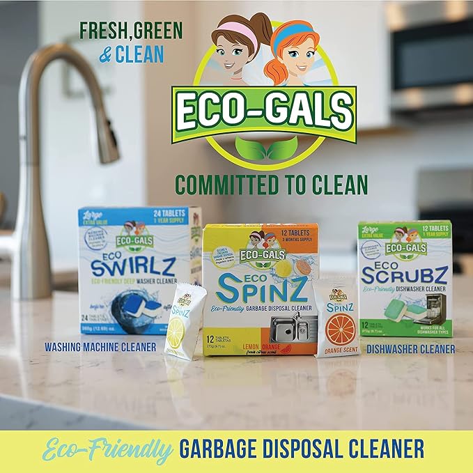 Bundle of Eco-Gals Eco Spinz Disposal Cleaner for Fresher Kitchen and Disposal Plus Eco-Gals' Dish Deputy Dishwasher Magnet to Help With Kitchen Organization