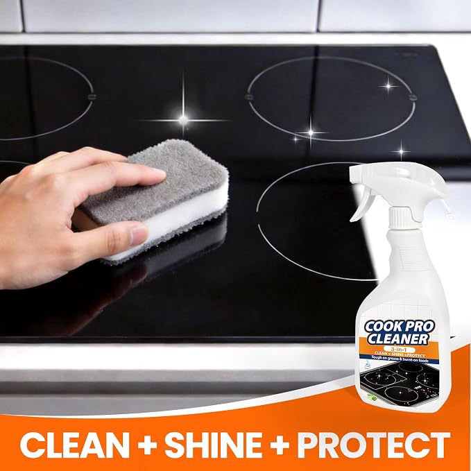 3-in-1 Stove Top and Oven Cleaner Kit - Glass Cooktop Cleaner for Ceramic Electric Gas & Induction Stoves - Includes Heavy Duty Scraper and Double-Sided Sponges for Burnt-on Grease, Oil & Grime