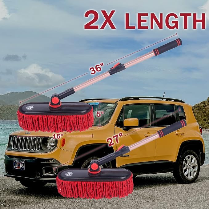 Car Duster Exterior Scratch Free,Car Dust Brush with Extendable Telescoping Handle to Remove Dust Pollen,Duster for Car,Truck,RV and Motorcycle,Large Auto Mop Duster Head, Wax Cotton Hair | Telescoping auto mop traps pollen scratch-free. Red combo with...