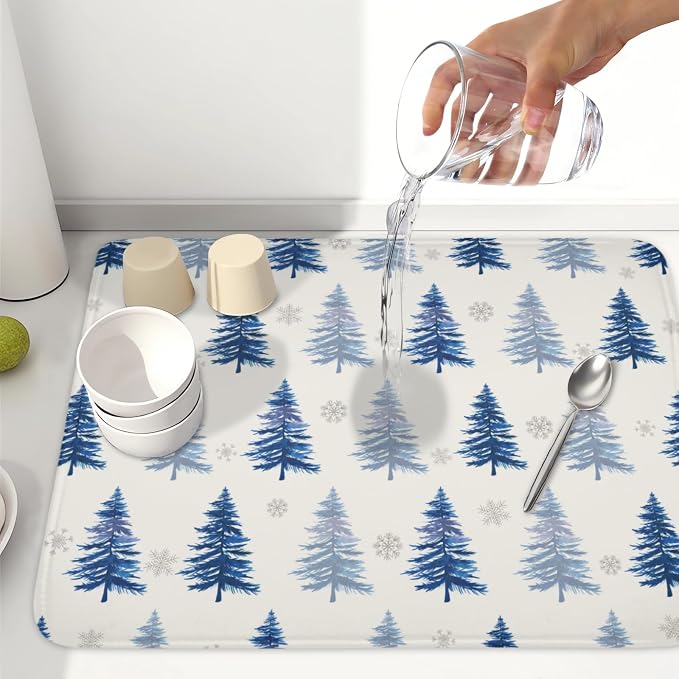 Winter Dish Drying Mat 18 x 24 Inch Blue Tree Dish Drying Pad Absorbent Microfiber Mats for Snowflake Dish Rack Pad for Holiday Kitchen Counter Coffee Bar Decor