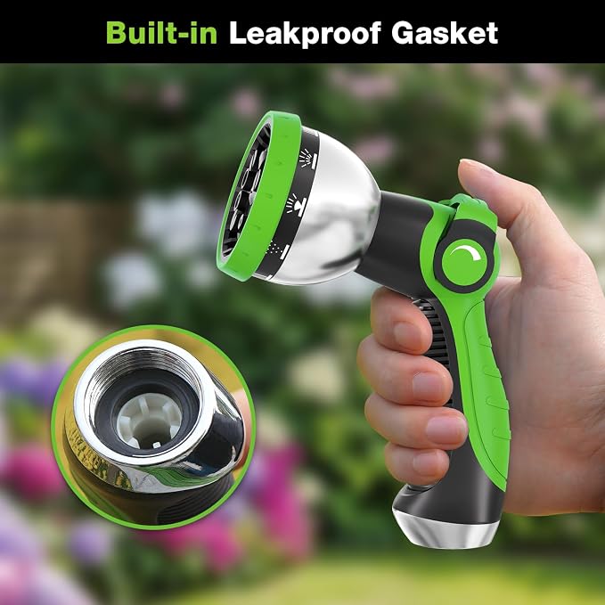 Besiter Garden Hose Nozzle, Hose Sprayer Nozzle with 10 Spray Patterns, Thumb Control On Off Valve, High Pressure Metal Water Hose Nozzle for Car Wash, Plants, Pets & Outdoor Cleaning, Green
