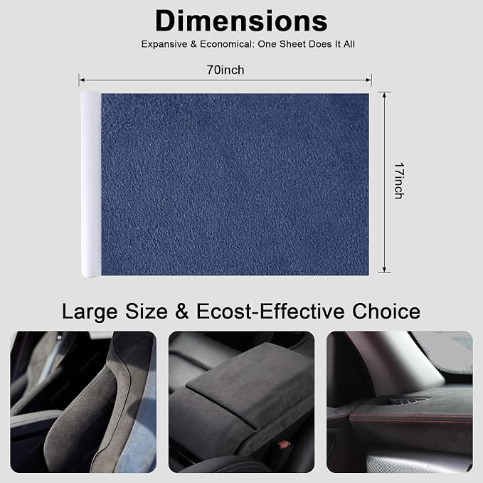 Premium Blue Suede Fabric Wrap - 17x70 inch Suede Wrap for Car Interior - Self-Adhesive Microfiber and Synthetic Leather, Stretchable Interior Film for Car and Home Decor