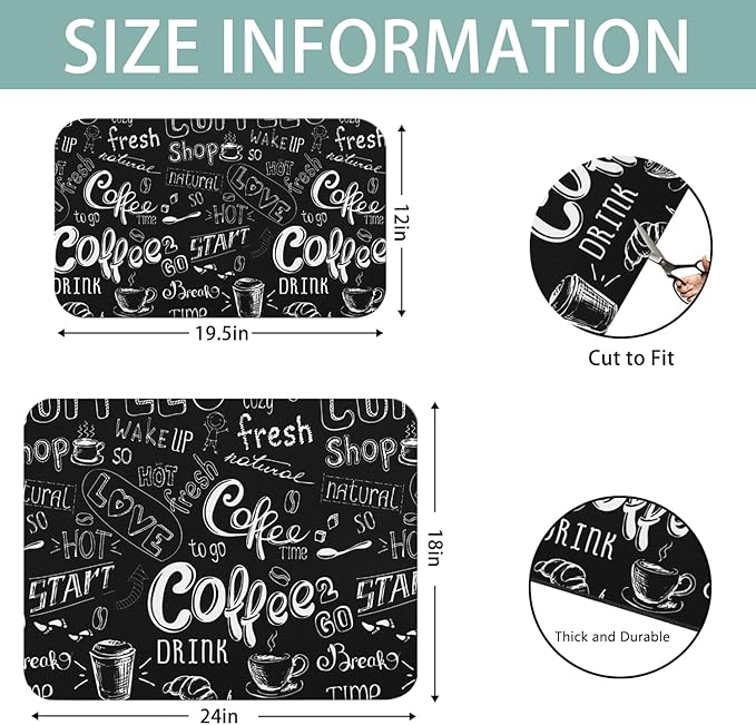 Dish Drying Mat 2-Pack in Coffee Bar Chalk for Kitchen Counter Dishes Mat | Diatom Mud Mats (18x24, 19.5x12"). Non-slip rubber back for kitchen counter, coffee bar & sink scenes