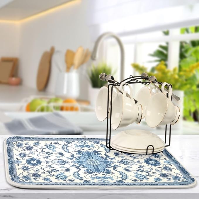Dish Drying Mat Kitchen Counter Absorbent Blue and White Pattern Coffee Sink Mat Dish Drainer Pad 18 Inch x 24 Inch