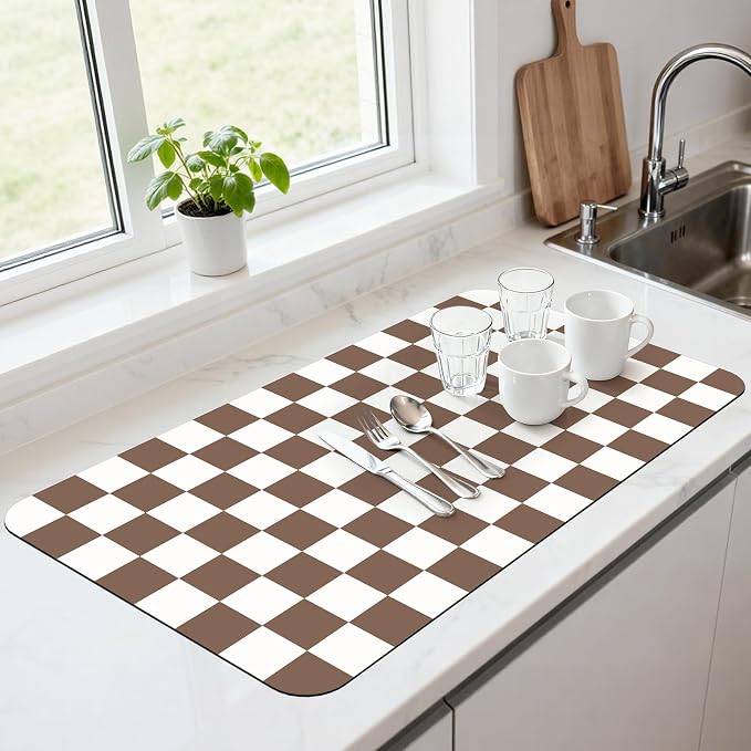 Checkered Dish Mat for Kitchen Coffee Station, 17" x 32"Coffee Brown | Quick Drying & Absorbent Mat for Coffee Bar Espresso Machine Countertops Accessories