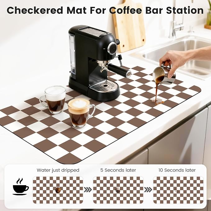 Checkered Dish Mat for Kitchen Coffee Station, 17" x 32"Coffee Brown | Quick Drying & Absorbent Mat for Coffee Bar Espresso Machine Countertops Accessories