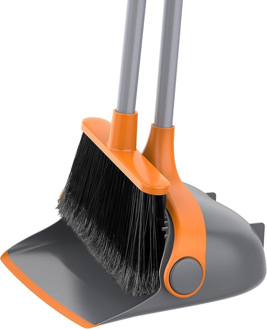 MR.SIGA Broom and Dustpan Set with Adjustable Long Handle, Gray & Orange | Stand upright broom with dustpan combo for home, office and garage easy sweeping and storage. 51.7"(131 cm) broom handle