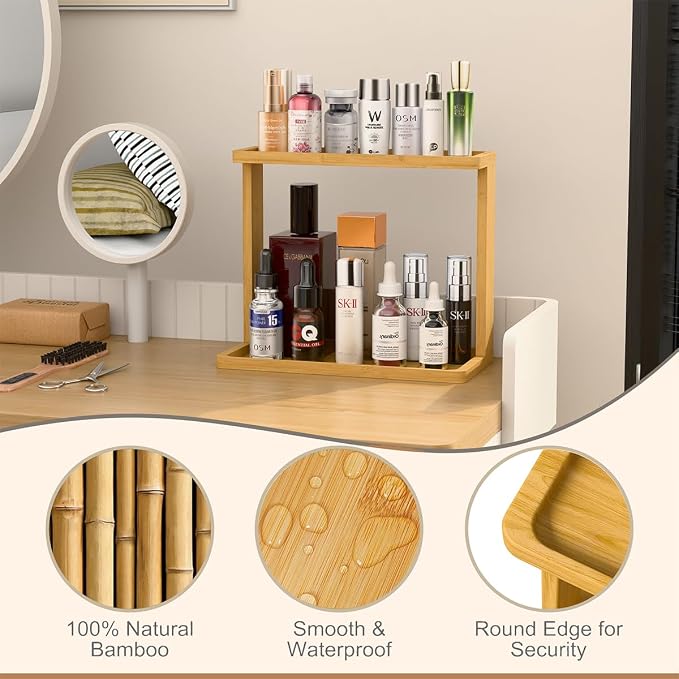 PEKER Bamboo Bathroom Organizer Countertop – Small Vanity Storage Shelf for Makeup, Perfume, Skincare – Natural Cosmetics Display Rack for Dresser, Sink, Kitchen – Natural
