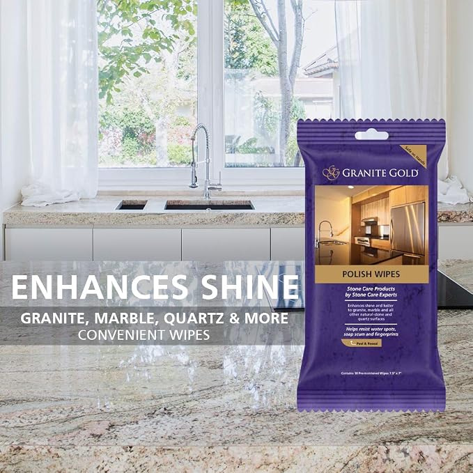 Granite Gold Polish Wipes Streak-Free Shine for Granite, Quartz, Marble, Travertine, Natural Stone Countertops, 18 Count, 1-Pack