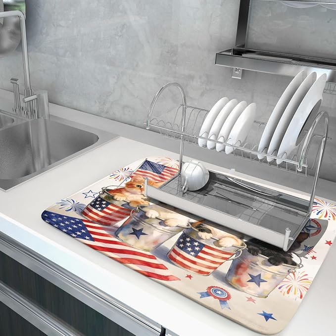 Vintage Patriotic Dish Drying Mat Cute Cats American Flag Drying Matt Kitchen Counter for Home Decor
