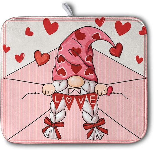 Valentine's Day Love Letter Dish Drying Mat for Kitchen Counter, Love Letter Gnome Absorbent Dish Pad Large Dish Drainer Mats for Countertop 16x18 Inch
