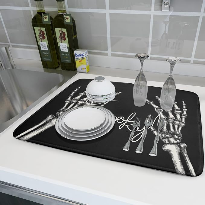 Halloween Dish Drying Mat for Kitchen Counter Spooky Skeleton Festival Microfiber Absorbent Dish Draining Reusable Washable Foldable Extra Large 18"x24"