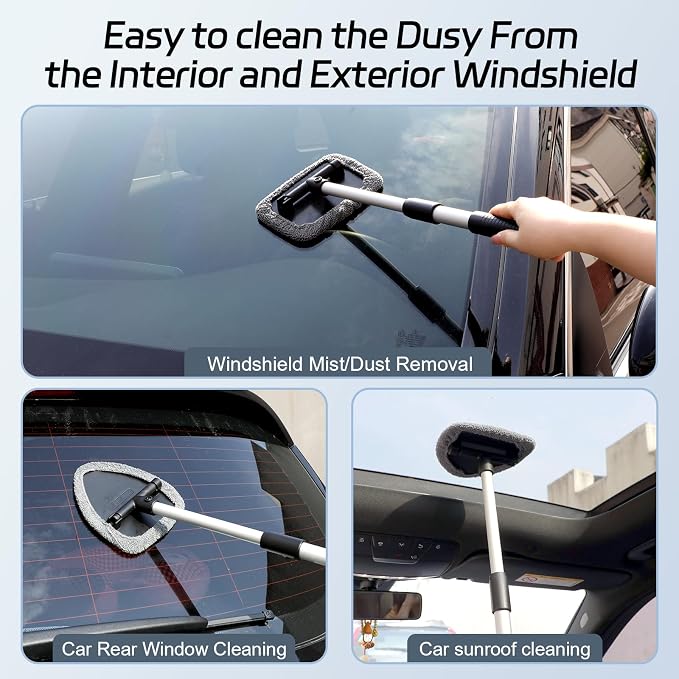 Windshield Cleaner Tool, Car Interior Window Cleaning Tool, Car Wash kit with 4 Reusable Microfiber Pads, 2 Extendable Handle and 2 Spray Bottles, Glass Wiper Kit for Windshield, Home Windows