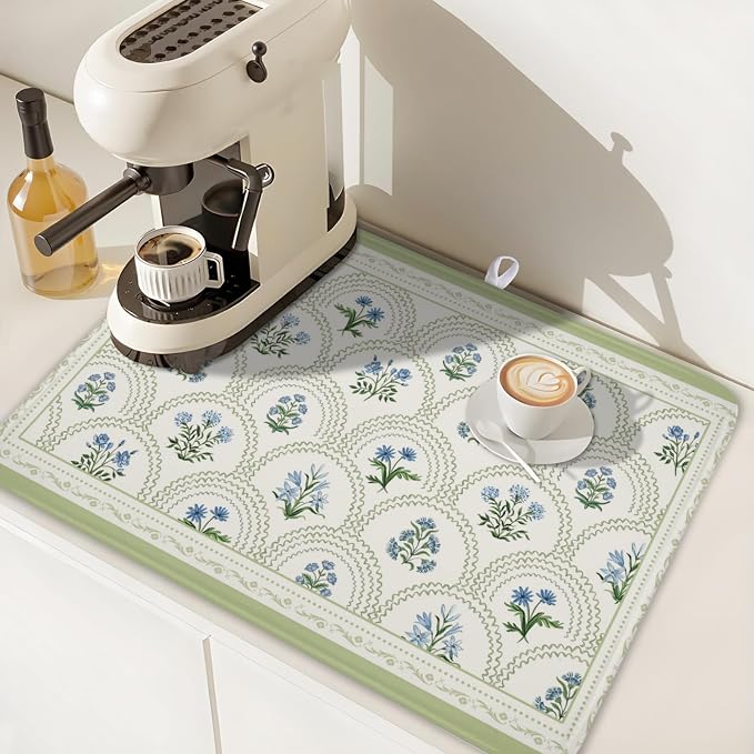 Blue Floral Print Green Stripe Dish Drying Mat 18x24 Inch | Rustic，Polyester，Absorbent Microfiber，for Kitchen Coffee Dining Bar Decor