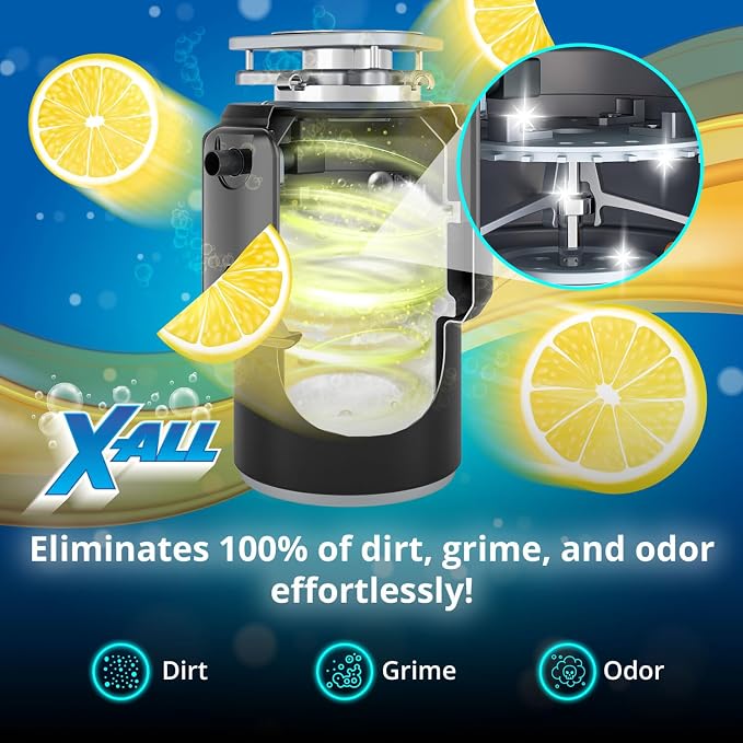 X-ALL Garbage Disposal Cleaner Deodorizer Tablets – 24 Pack, New Powerful Foaming Formula - Deep Cleaning and Odor-Eliminator with Lemon Scent - Natural Kitchen Cleaning Care