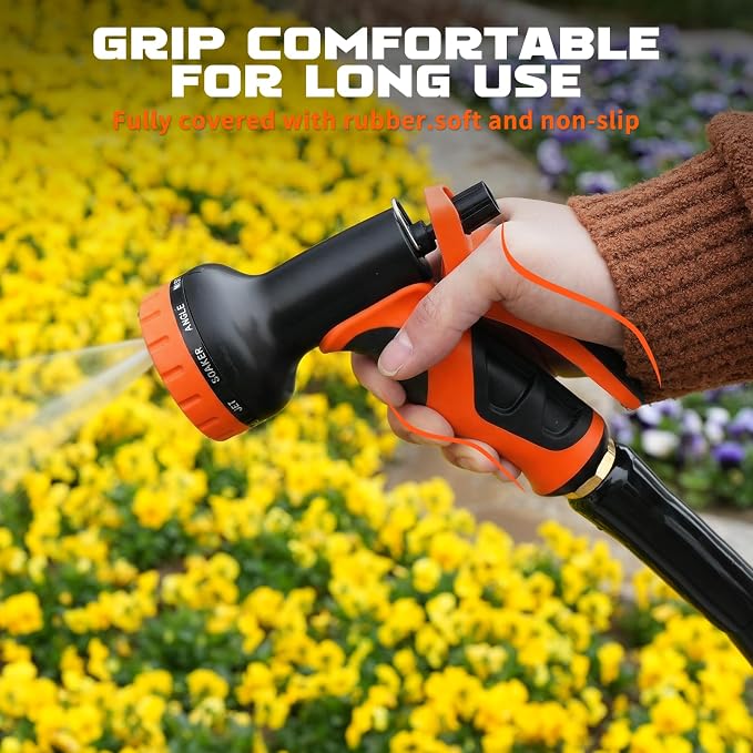 Garden Hose Nozzle with 10 Spray Patterns – High Pressure Water Sprayer for Car Washing, Pet Bathing & Lawn Care with Lock Feature & Comfort Grip – Fits All 3/4" Standard Hoses Thread