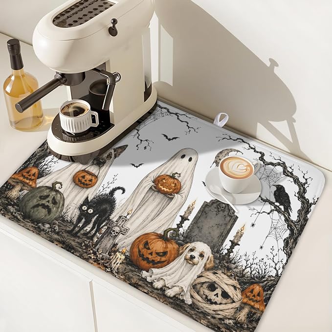 Halloween Ghost Dish Drying Mat for Kitchen Counter Spooky Pumpkins Dog Cat Crow Pattern Microfiber Dish Drainer Mat Vintage Holiday Absorbent Washable Drying Pad 18"x24"