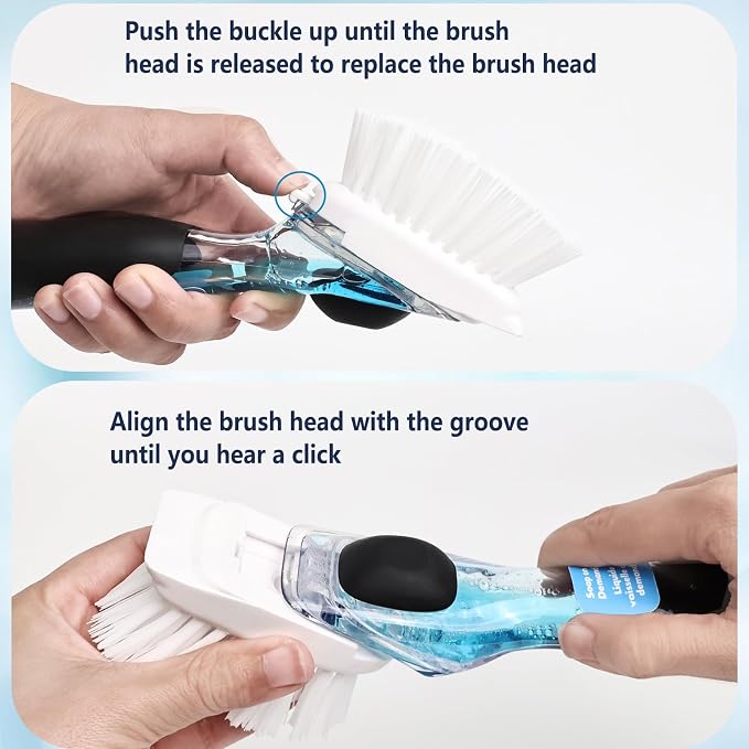 Dish Brush Refill Head 4 Pack Compatible with OXO Dish Brush Head | Stiff nylon bristles, built-in scraper, twist-to-replace mechanism, durable plastic, for soap dispensing models