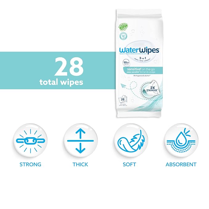 WaterWipes Sensitive+ On The Go Wipes, 3-In-1 Cleans, Cares, Protects, 99.9% Water, Unscented & Hypoallergenic Wet Wipes, 28 Count (Pack of 2)