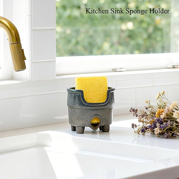 Ceramic Sponge Holder with Drainage, Farmhouse Sink Caddy Organizer, Self Draining Design for Sponges, Soap, Brushes, Compact Rustic Kitchen Accessory, Keeps Counter Dry, Country Blue