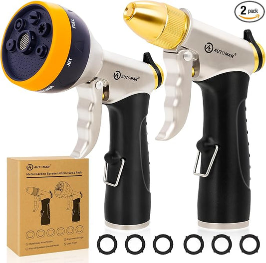 AUTOMAN Garden Hose Nozzles - High Pressure 100% Metal Hose Sprayer 2 Pack, Heavy Duty Garden Watering Nozzle Set, Powerful Garden Nozzle for Watering Plants, Window Cleaning,Washing Cars,Pets Bathing