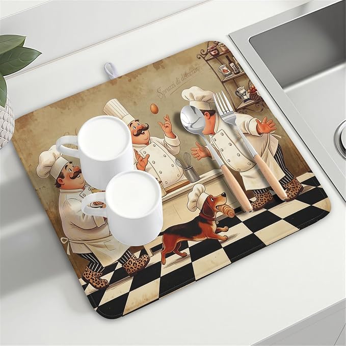 Fat Chef Dish Drying Mats for Kitchen Counter 16x18 Inch Buffalo Plaid Cooking Utensils Absorbent Dishes Drainer Mat Reversible Microfiber Quick Dry Rack Pad Chef Kitchen Drying Mat for Countertop