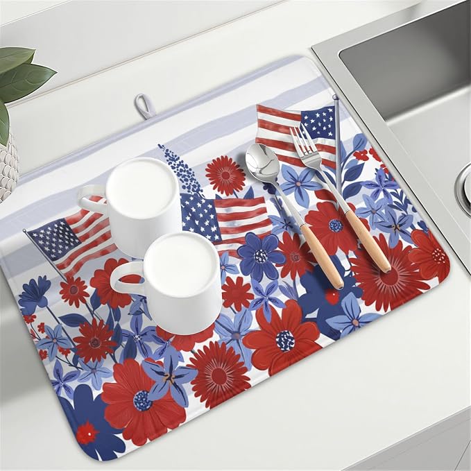 Patriotic Floral Dish Drying Mat for Kitchen Counter 4th of July American Flag Microfiber Dish Drainer Mat Red and Blue Flower Absorbent Washable Drying Pad 18"x24"