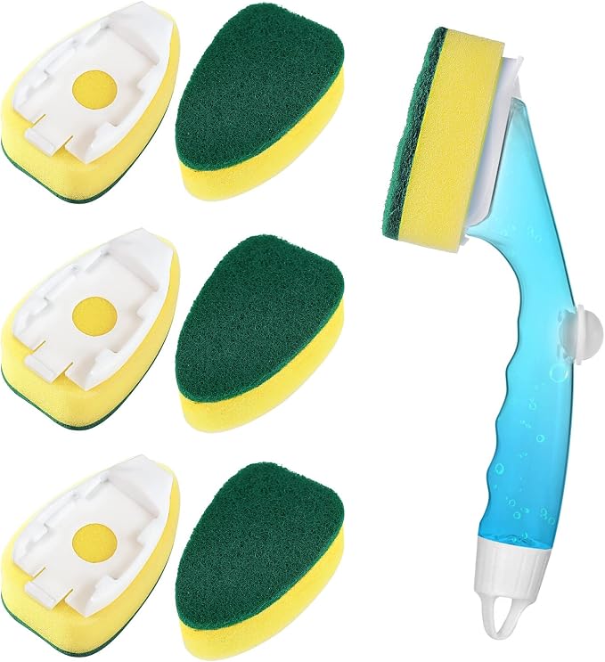 Dishwand Refills with Handle, Dish Wand Refill Replacement Sponge Head 6Pcs | Non-scratch Heavy Duty Sponge Heads Set,Soap Dispenser Scrubbers,Dishwashing Scrub Dispensing Brush Pads,Dishwasher Cleaning
