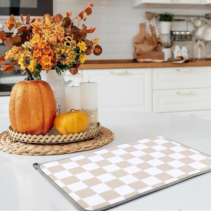 Zonon Checkered Dish Drying Mat for Kitchen Counter 12" x 19" Microfiber Absorbent Dish Drainer Rack Pads Fast Dry Mat Vintage Kitchen Decorations