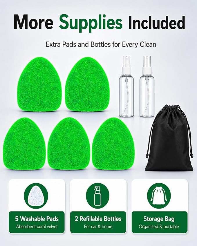 25.5" Extra-Long Reach – Super Absorbent Coral Velvet Windshield Cleaner Tool, Streak-Free Windshield Cleaning Tool Kit with 5 Pads, 2 Spray Bottles & Storage Bag for Auto Glass & Home Windows, Green
