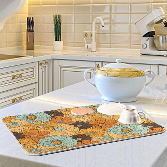 Super Absorbent Dish Drying Mat, Microfiber Fast-Drying Dish Mat, 16" x 18", Kitchen Dish Drying Pad, Retro Flower Daisy