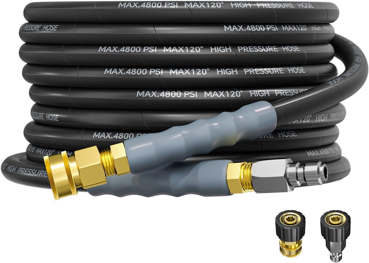 3/8" 4800PSI Pressure Washer Hose 25FT Swivel Quick Connect | Power Washer Hose for Cold/Hot Water Max 248°F, Kink Resistant Steel Wire Braided, Wear Resistant with M22 14mm Adapter