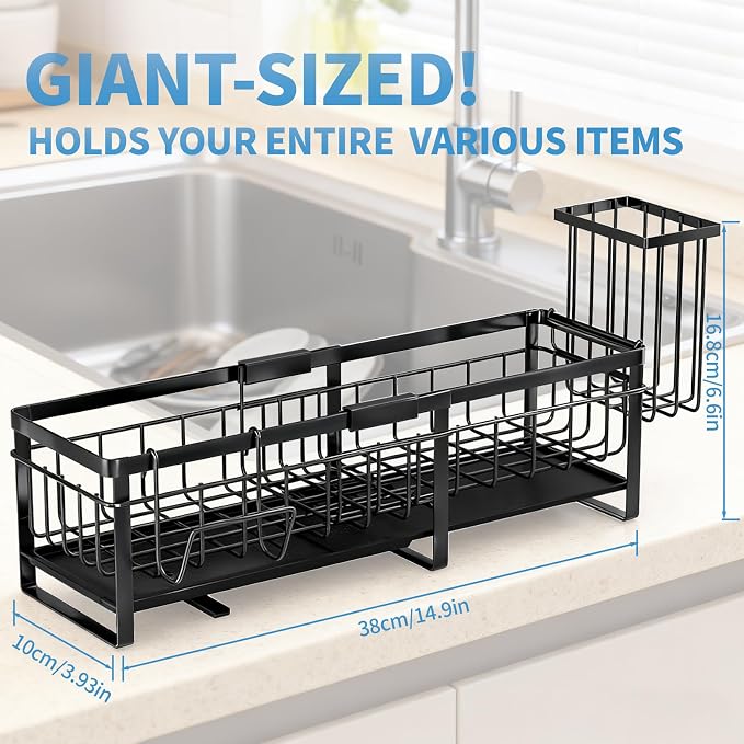 Aurblozen Extra Large Extendable Sponge Holder for Kitchen Sink, Rustproof Sink Caddy Organizer with High Brush Holder, Dish Soap Dispenser Organizers and Storage (Black)