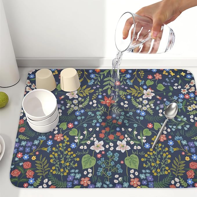 Flower Floral Dish Drying Mat 18x24 inch Microfiber Navy Blue Drying Mats with Hanging Loop Absorbent Green Leaves Dish Drainer Mat Reversible Flowers Drying Pad for Kitchen Counter Sink