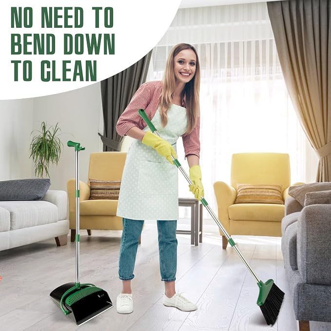 Broom and Dustpan Set with Long Handle, Light Weight Stainless Steel Poles Stand Upright Dustpans with Broom Combo for Home Kitchen Office Pet Dog Hair, 1-Pack(Black Green)