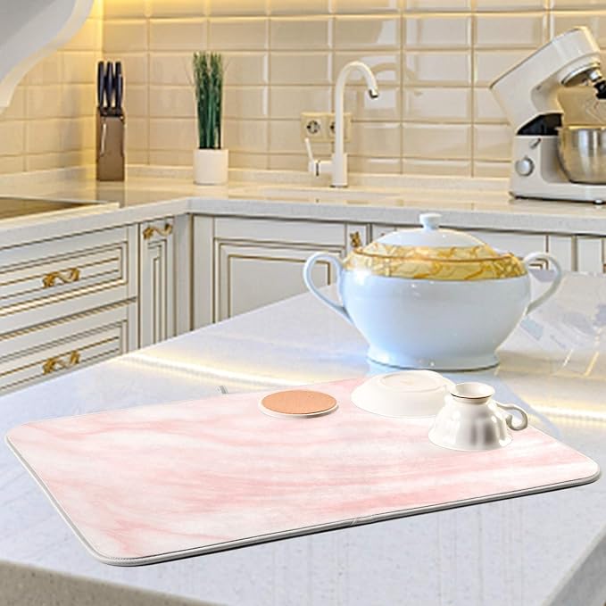 Super Absorbent Dish Drying Mat, Microfiber Fast-Drying Dish Mat, 16" x 18", Kitchen Dish Drying Pad, Pink Coral Marble