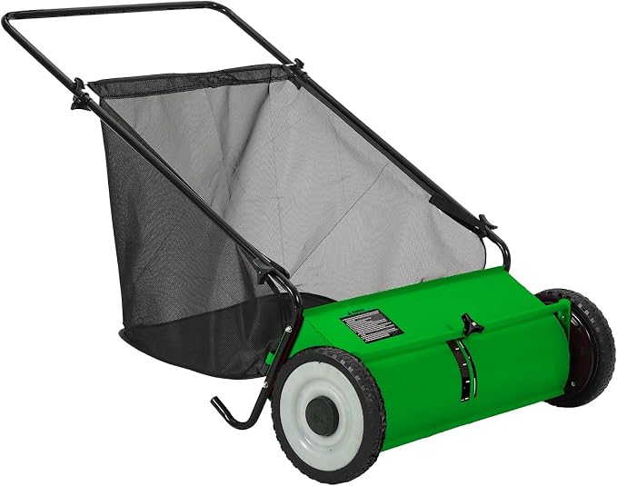 Push Lawn Sweeper for Leaves, 26" Width Heavy Duty Steel Frame Grass Catcher with 7 Cu. Ft. Hopper Bag & 4 Spinning Brushes for Yard and Garden Cleanup, Green