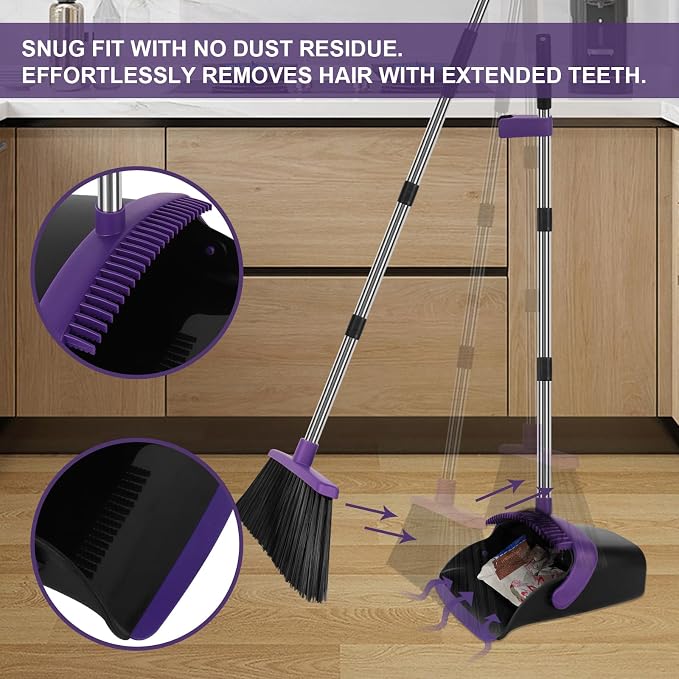 Broom and Dustpan Set with Long Handle, 55" Broom, Pet Hair Rubber Lip Upright Dustpan with Built-in Comb, Standing Dust Pan Set for Home Kitchen Office Indoor Outdoor