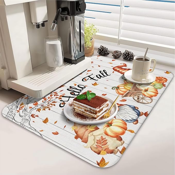 Fall Dish Drying Mat 2-Pack Gnomes Pumpkin for Kitchen Counter Dishes | Diatom Mud Mats (18x24, 19.5x12"). Non-slip rubber back for kitchen counter, coffee bar & sink scenes