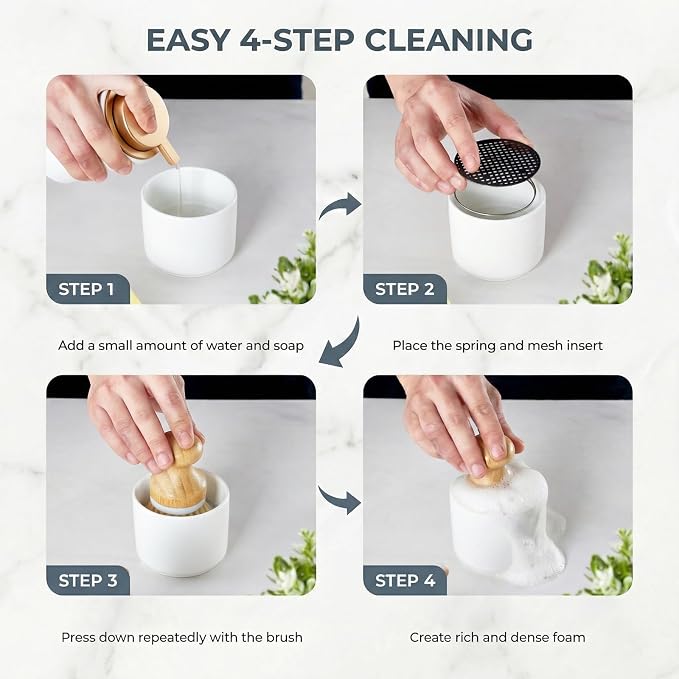 ONEMORE Bamboo Dish Brush with Ceramic Foaming Base, Kitchen Sink Scrub Brush Set with Spring and Mesh Insert, Wooden Handle Dishwashing Brush for Pots Pans Plates Bowls, White