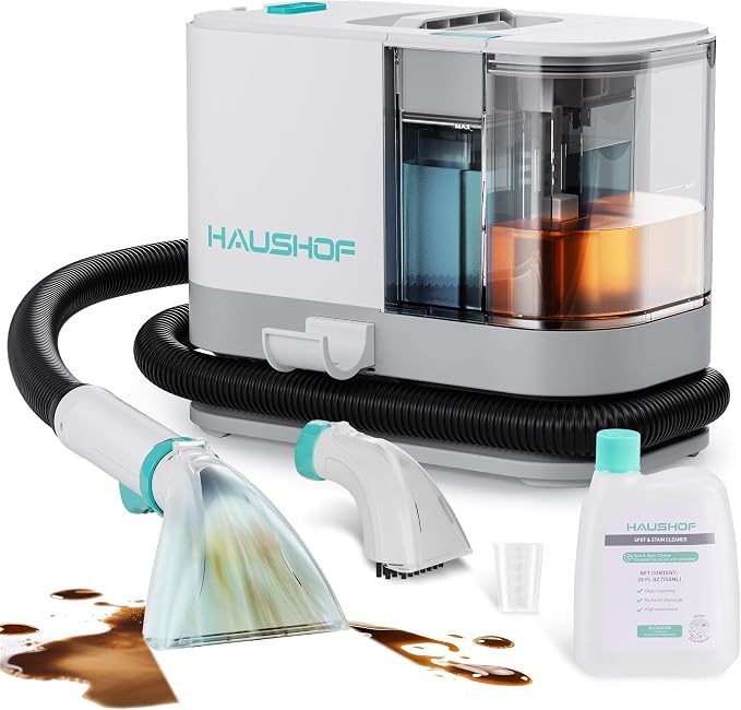HAUSHOF Portable Carpet, Upholstery Cleaner Machine, 13Kpa Suction | Powerful Stain & Spot Remover, with Cleaning Solution, Deep Stain Cleaning for Carpet, Car Seats, Pets, Couches, Rug