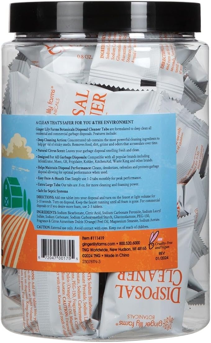 Ginger Lily Farms Botanicals Garbage Disposal Cleaner Tabs, Deep Cleaning Tablets for Sink Disposals, Removes Odor-Causing Residues, Citrus Scent, 40-Count