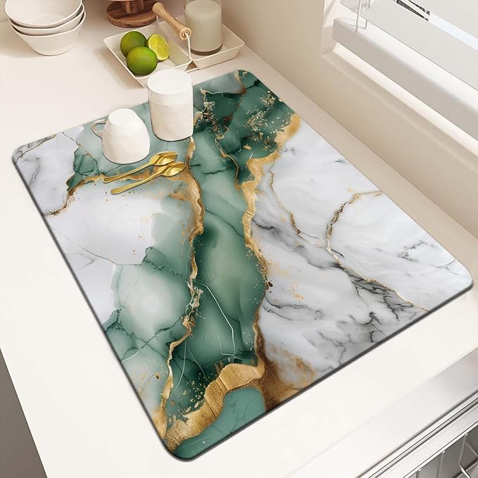MCALK Marble Green Dish Drying Mat for Kitchen Counter, Luxurious Marble Texture Dish Drying Pad with Anti-Slip Rubber Base, Absorbent Kitchen Sink Mat with Modern Art Decor (1 pc 18" x 16")