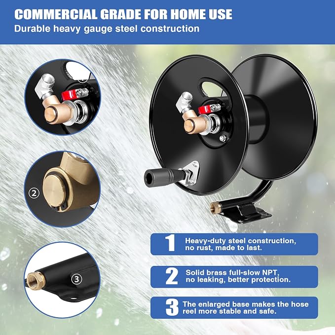 MEKOH Pressure Washer Hose Reel 50ftx3/8” / 65ftx1/4”, 4000PSI Heavy Duty Power Washer Hose Reel with M22-14 Fitting, Hand Crank Metal Reel with Wall/Trailer/Van Mount, Manual Hose Reel for Water