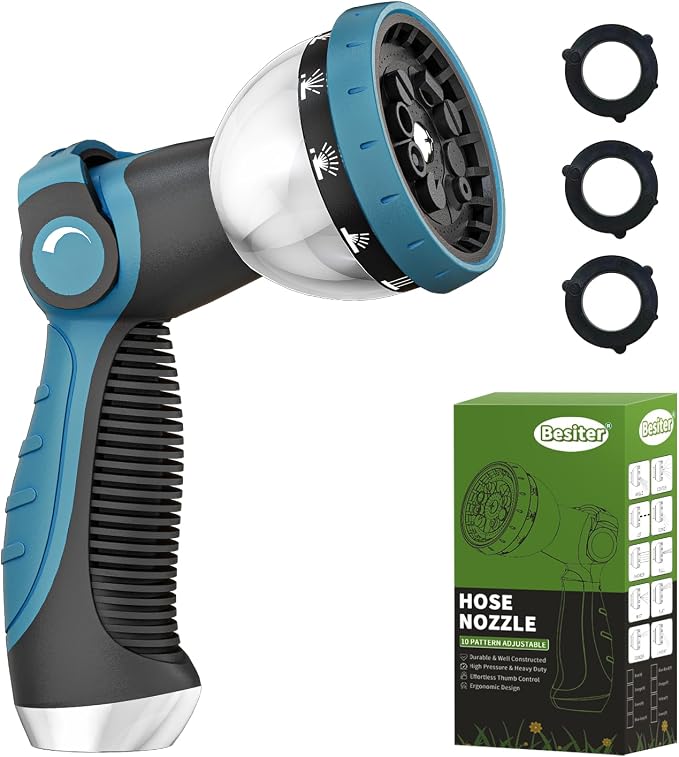 Besiter Garden Hose Nozzle, Hose Sprayer Nozzle with 10 Spray Patterns, Thumb Control On Off Valve, High Pressure Metal Water Hose Nozzle for Car Wash, Plants, Pets & Outdoor Cleaning, Blue