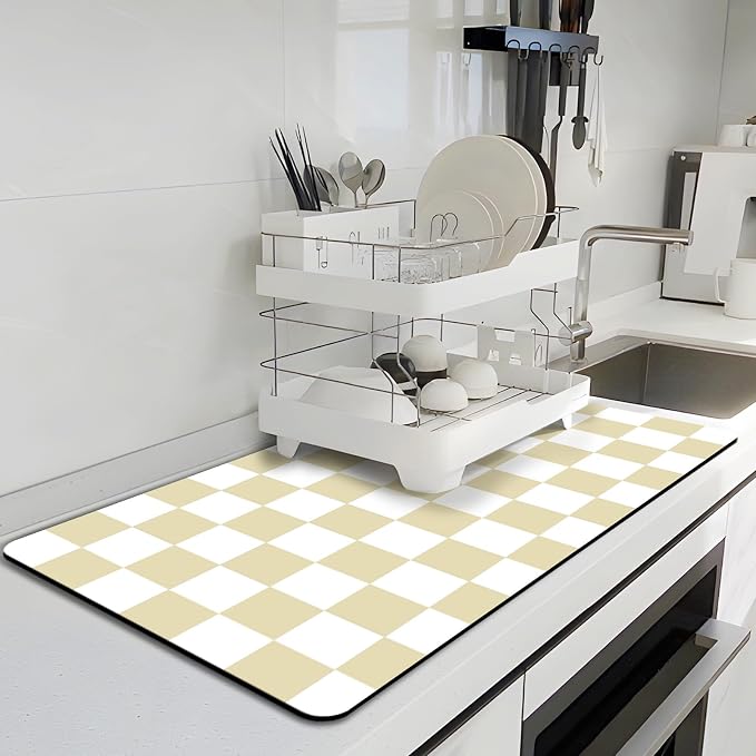 Checkered Dish Drying Mat for Kitchen, 16'' x 24'' Coffee Bar Mat for Countertops, Coffee Station Mats with Non-slip Rubber Backed, Absorbent Dish Dying Mat for Kitchen Counter, Beige & White