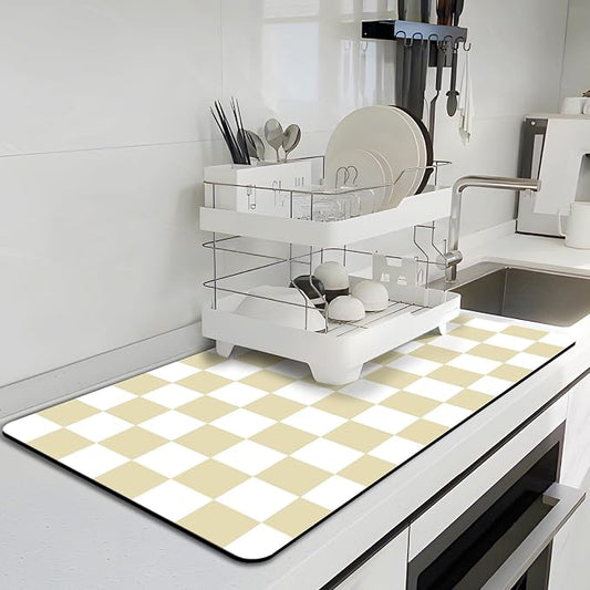 Checkered Dish Drying Mat for Kitchen, 16'' x 24'' Coffee Bar Mat for Countertops, Coffee Station Mats with Non-slip Rubber Backed, Absorbent Dish Dying Mat for Kitchen Counter, Beige & White