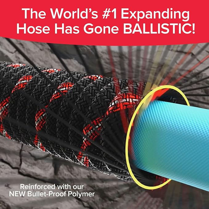 Pocket Hose Ballistic 50 FT Expandable Garden Hose, No-Kink, As Seen on TV | Anti-burst sleeve reinforced with bulletproof fiber, 360° swiveling pocket pivot connector, lightweight compact design
