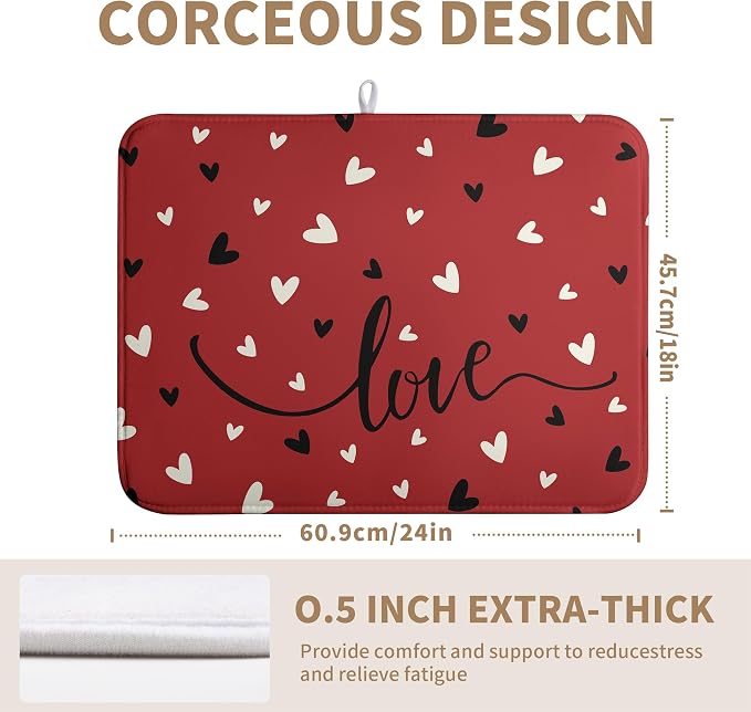 Valentine Dish Drying Mat for Kitchen Counter Valentines Day Red Black Love Heart Holiday Drying Mats Absorbent Microfiber Dish Draining Mat Extra Large Dish Rack Pad 18x24 Inch
